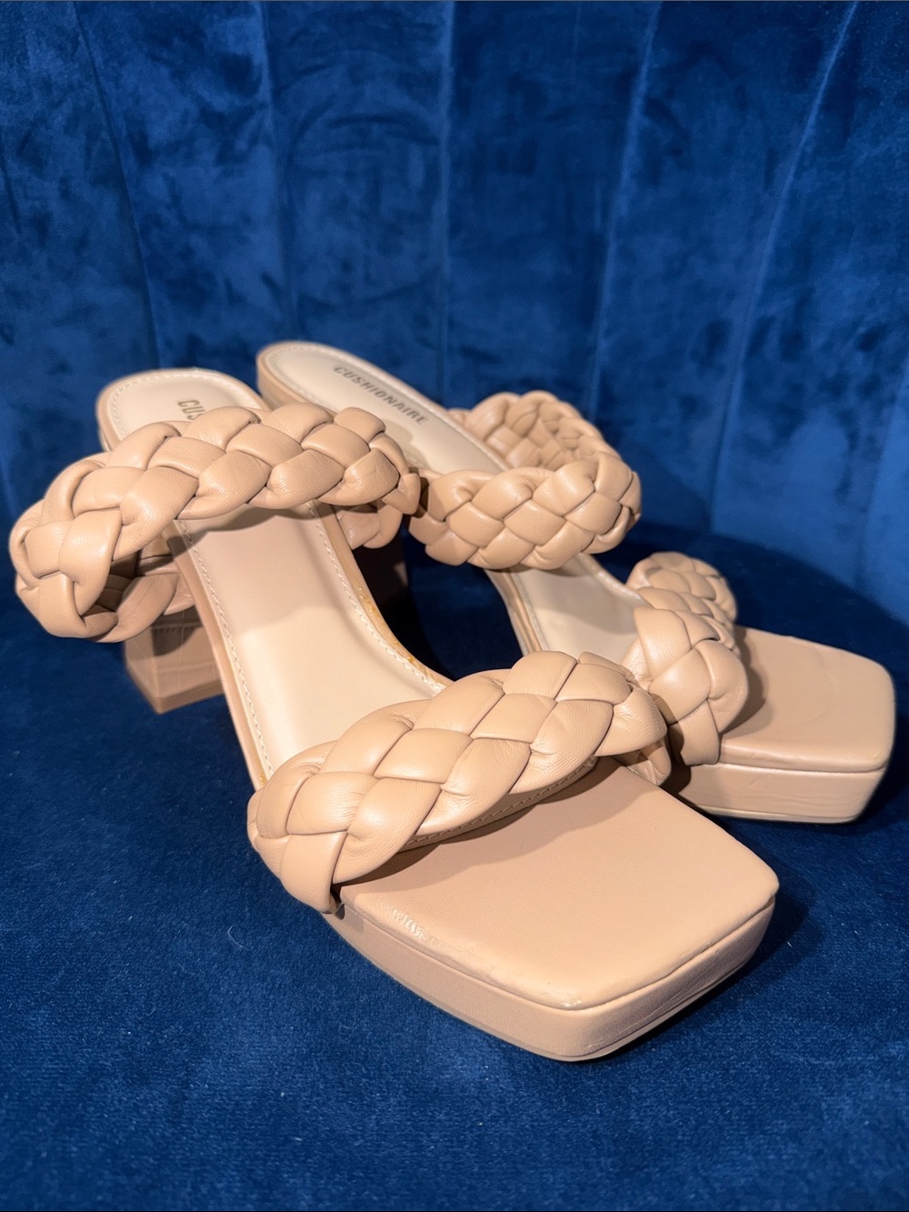 Cushionaire Braided Two-Strap Block Heel Sandals in Beige Size 9.5